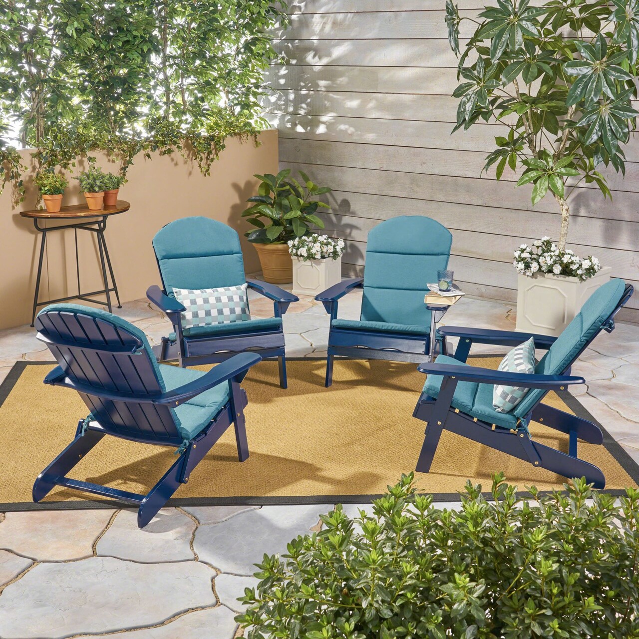 Contemporary Home Living Set of 4 Navy Blue and Teal Outdoor Patio Adirondack Chairs with Cushions 34.25"